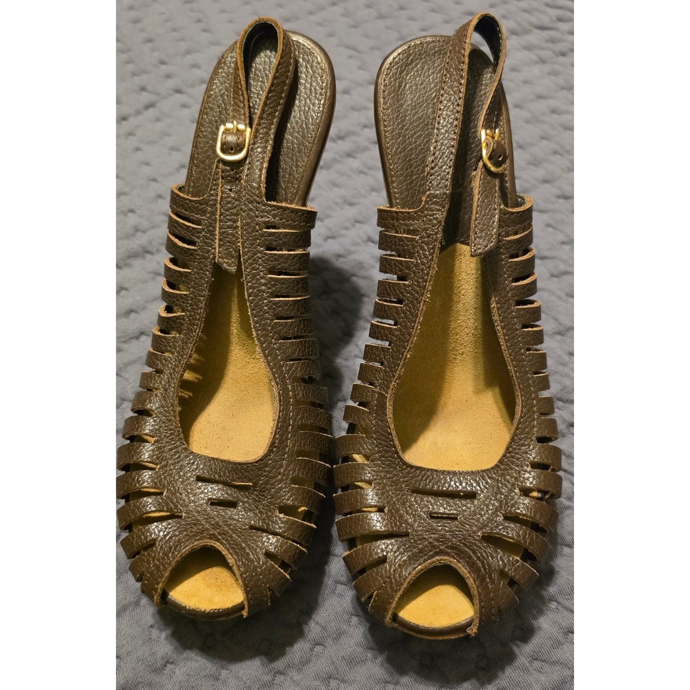 Michael Kors Brown Leather Strappy Wood Platform Slingback Sandals Heels 7M